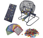 Juego de bingo de lujo con jaula de bingo de 6 pulgadas, tablero maestro de bingo, 75 bolas de colores, 50 tarjetas de bingo como se muestra