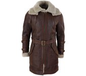 Infinity Leather Chaqueta de piel de oveja de cizalla real 3/4 para hombres Cinturón largo Cabina voladora Marrón 3XL