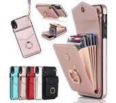 Darmowade Iphone Xr Case con soporte para tarjeta con soporte delgado Pu cuero correa de muñeca cartera cubierta con correa para mujeres niña Rosa