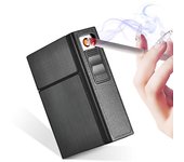 Caja de cigarrillos portátil con encendedores a prueba de viento USB recargable fumar cigarrillo titular de caja más ligero regalo Negro