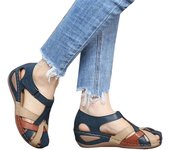 Pu Leather Retro Arch Support Comfy Round Toe Sandalias para mujeres Diseño de protección de dedos del pie Suministro de playa de verano Azul 37