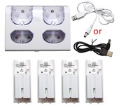 Estación de carga de carga con control remoto LED 4 en 1 + 4 cables USB de batería de 2800 mAh para WII / para WII u Blanco