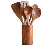 Cucharas de madera para cocinar Utensilios de madera de teca Juego de espátula de madera para utensilios de cocina antiadherentes Juego de utensili...