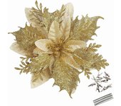 Heytea Greentime 12 Piezas 14cm / 5.5in Flores Artificiales de Flor de Pascua Dorada con Clips y Tallos Adornos de Árbol de Navidad con Purpurina p...