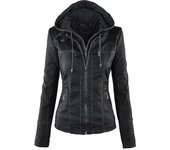 Mujeres Motocicleta con capucha Pu cuero Biker Chaqueta abrigo ropa exterior Negro L