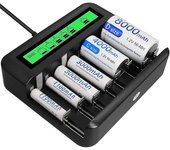 Cargador de batería universal Lcd - Cargador de batería de 8 bahías Aa / aaa / c / d para baterías recargables con puerto USB 2a, entrada tipo C, b...