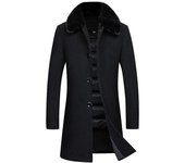 Abrigo de lana de negocios para hombres, abrigos forrados de lana de cuello de piel larga de invierno Negro M