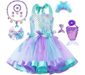 Darmowade Vestido de sirena para niñas con diadema, conjunto de joyas, bolso disfraz de sirenita Tutu falda princesa vestir ropa para niñas pequeña...