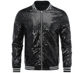 Lentejuelas para hombre Casual Zipper Party Bomber Jacket Negro M