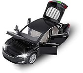 unbrand Tesla Model S Toy Car - Vehículo metálico con puertas, luces y sonido para niños de 3 a 12 años Negro