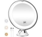 Espejo de maquillaje iluminado con lupa 10x, recargable, 3 modos de color, rotación 360