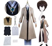 DUqi Bungo Perros callejeros Dazai Osamu Cosplay Disfraz Peluca Uniforme Chaqueta larga Traje de abrigo Disfraces de fiesta de Halloween para adult...
