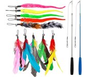 12 piezas de juguete de pluma de gato, caña de pescar de juguete de palo de gato con 2 piezas de caña retráctil interactiva, pluma de reemplazo de ...