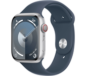 apple watch series 9 gps + cellular 45mm silver aluminium case with storm blue sport band - m l