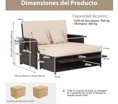 Costway Conjunto de Tumbona de Ratán de 2 Plazas con Otomana Multipropósito Bandeja Lateral Retráctil Respaldo Ajustable de 4 Niveles Marrón
