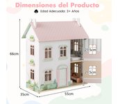Costway Casa de Muñecas de Madera para Niños de 3 Niveles con Techos Doble Cara Casa de Sueños de Juego de Imaginación con Muebles y Accesorios Rosa