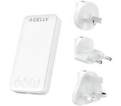 Celly TCTRAVELUNI65W - Cargador universal de viaje, carga rápida con tecnología GaN, toma múltiple para ahorrar espacio, enchufe USB-C y USB-A, adaptador universal EU/UK/AUS/US