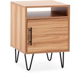 HOMN Mesita de noche 1 puerta color madera, pies metálicos