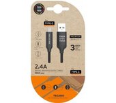 Cable USB Tech One Tech TEC2003 USB 2.0 Tipo-C macho a USB-A macho 1m Nylon 2,4A Negro