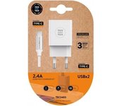 Tech One Tech TEC2403 Cargador de Pared 2xUSB 2.4A + Cable USB-C Blanco
