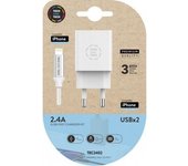 Cargador de Pared TECH ONE TECH TEC2402 2xUSB 2.4A Blanco con Cable Lightning 1m Nylon