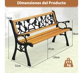 Costway Banco de Jardín de 127,5 cm con Estructura de Metal Fundido y Asiento de Madera Banco Ergonómico para 3 Personas para Jardín Porche Patio