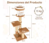 Costway Árbol para Gatos de Interior Torre para Gatitos 164 cm Percha Acolchonada Cama para Gatos Desmontable Plataformas de Salto Cuerda de Sisal