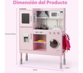 Costway Juguete de Cocina de Madera para Niños de 3+ Años con Campana Extractora Máquina de Hielo Teléfono 16 Accesorios Sonidos Luces Reales Rosa