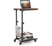 Costway Mesa Auxiliar en Forma de C para Sofá con Ruedas Cesta de Almacenamiento Mesa Compacta para Sala de Estar Sofá 50 x 30 x 58-80 cm