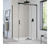 Mampara de ducha frontal con panel fijo lateral corredero transparente tovar perfil negro (161-165)+70 x195 cm