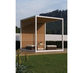 Cenador de aluminio egeo imitación madera con trasera de lamas fija de 2,5x2,5 m