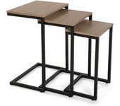 Kit 3 mesas industrial de madera oscura y estructura metálica negra 30x60x46cm