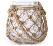 Farol portavela cristal / yute marrón 18x17x17 cm