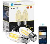 Aigostar Edison Bombillas Alexa LED E27 Bombillas Inteligentes 4.5W 470LM WIFI Bombilla Vintage C35 Bombillas Filamento Regulable 2700K-6500K， compatible con Alexa/Google Home. transparente 2 pack