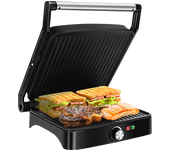 Aigostar Calore 30HHK - Parrilla Eléctrica, Sandwichera y máquina de panini, Regulador de temperatura, Grill de doble cara, Apertura 180º, Placa superior flotante, 1800 W, Libre de BPA