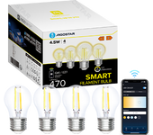 Aigostar Bombilla Inteligente Alexa， Bombilla Led E27 Vintage， G45 Transparente Tipo Globo， 4.5W， 470LM， Regulable Cálida a Fría 2700K a 6500K， Compatible con Alexa y Google home， 4 PCS.
