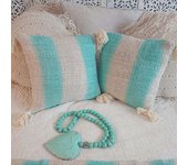 My Bliss Home Manta y 2 fundas de cojines, blanco roto y turquesa