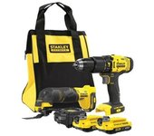Stanley, SFMCK213D2S, set inalámbrico taladro percutor y atornillador de impacto, sistema V20 20V, 2 baterías 2,0Ah incluidas, bolsa y cargador, negro con amarillo