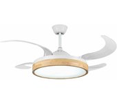 UNIVERSALBLUE Ventilador de Techo Blanco y Madera con Luz LED | Ventilador WIFI Silencioso | Aspas Retráctiles | Control Móvil y Mando | Motor DC Silencioso