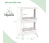 Costway Carro Rodante de 3 Niveles con Mesa Utilitario de Plástico Ruedas Carro de Almacenamiento para Cocina Baño Oficina 45 x 30 x 81 cm Blanco