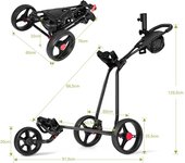Costway Carro de Golf con Empuñadura Regulable 3 Ruedas en Hierro Ligero Plegable Freno de Pedal Bolsa de Red Negro 134 x 60 x 129,5 cm