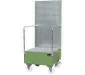 eurokraft pro Cubeta colectora rodante con pared de placas perforadas, 1 bidón de 200 l de pie, L x A x H 870 x 890 x 2110 mm, verde reseda