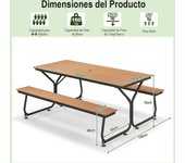 Costway Conjunto de Mesa y 2 Bancos Aire Libre de Picnic para 8 Adultos con Marco de Metal y Tablero de HDPE para Jardín Patio y Camping