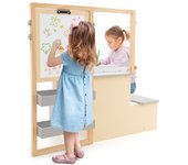 Costway Juego de Mesa y Banco de Arte para Niños con Caballete Ajustable de Doble Cara Pizarrón Magnética y Rollo de Papel Reemplazable