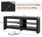 Costway Soporte Esquinero para TV con Toma de Corriente de 3 Niveles con 4 Estantes Abiertos para TV de Hasta 65'' para Salón Dormitorio Negro