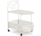 Costway Mesa de Café de Cristal Móvil Mesa Lateral Moderna de 2 Niveles con Patrón de Oso Cesta de Metal Ruedas para Salón Dormitorio Estudio