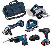 Bosch Professional 18V System GSR 18V-55 + GWS 18V-10 + GKS 18V-57-2 + GSA 18V-LI + GST 18V-125 B - Set atornillador +amoladora +sierra circular +sable +calar (3 baterías 4.0Ah, bolsa de lona)