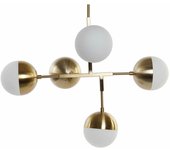 DT LA-164658 Lámpara Techo Metal y Cristal 5 Bolas, Blanco/Dorado, 74 x 52 x 168 cm