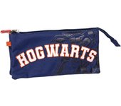 Estuche con Triple Compartimento de Harry Potter - Color Azul - 22,5x2x11,5 cm - Fabricado en Poliéster - Cierre de Cremallera - Estampado de Hogwarts - Producto Original Diseñado en España