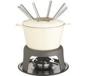 MasterClass Set de fondue de hierro fundido, olla de fondue con 6 tenedores y cuenco de hierro fundido esmaltado, retención superior del calor y quemador ajustable, en caja de regalo, crema, 21x18cm